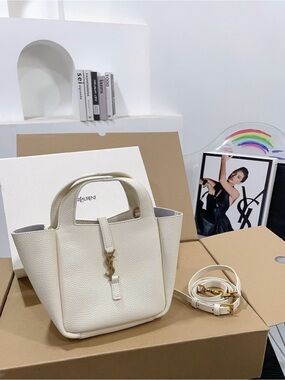 Saint Laurent Cream Pebbled Leather Mini Tote with Gold YSL Accent